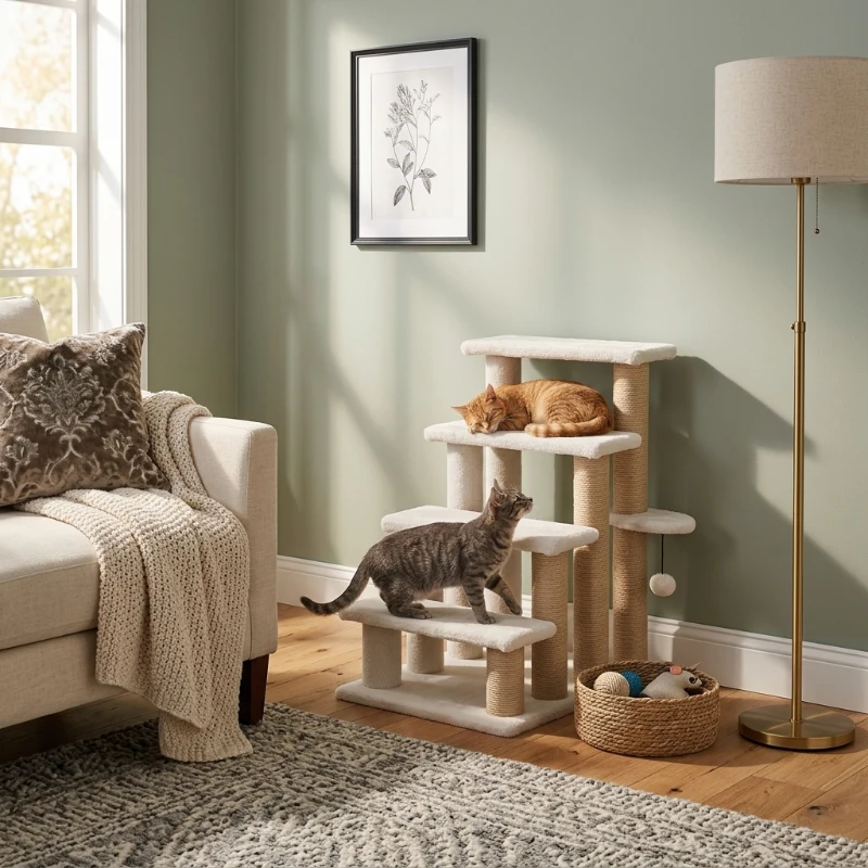 PawHut Cat Stairs, 4-Step Flannel-Covered Design with Jute Scratching Posts for Bed and Sofa Access, White