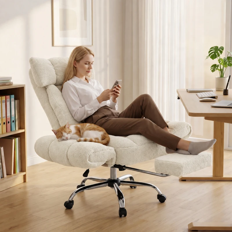 HOMCOM Criss Cross Office Chair with Flip-Up Armrests, Reclining Desk Chair with Wide Seat, Footrest, Wheels, Cream White