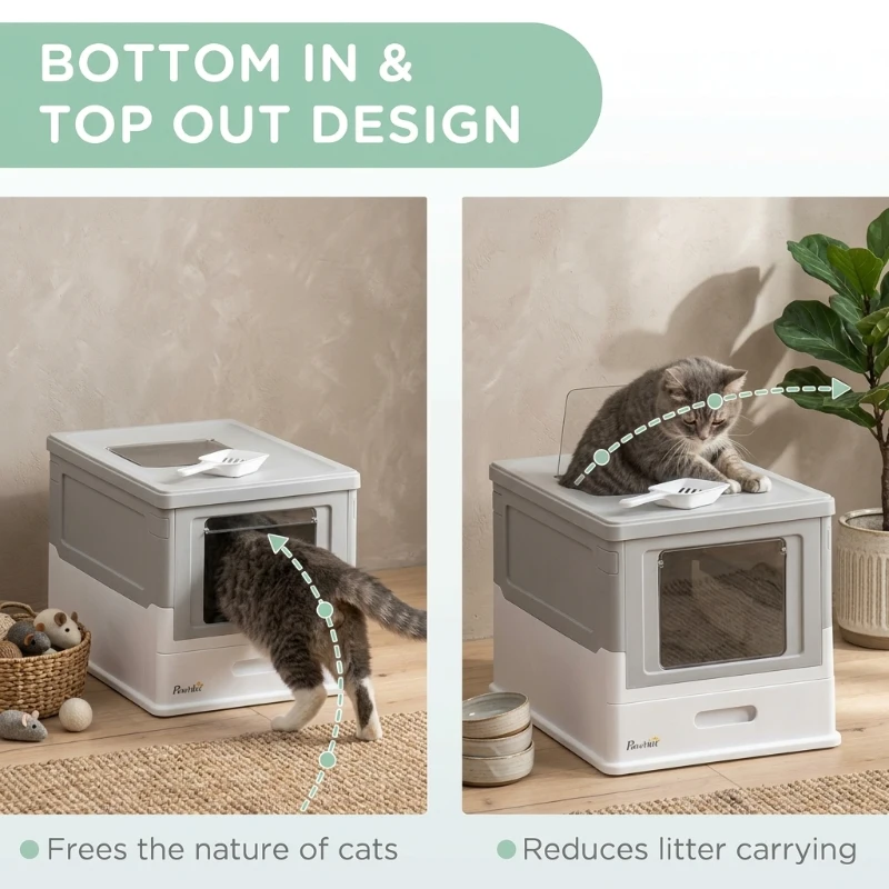 PawHut Fully Enclosed Cat Litter Box with Front Entry and Top Exit, Plastic, Gray & White