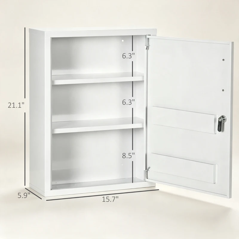 kleankin Bathroom Medicine Cabinet with Shelves Inside & On Door, Locking Medical Cabinet, First Aid Bathroom Wall Cabinet White