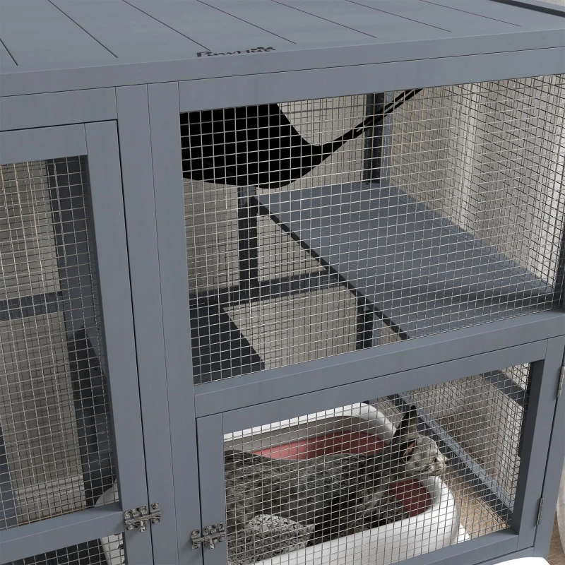 PawHut Cat Condo Wooden Indoor Cat House on Wheels with Cat Flap Door Platforms Hammock Openable Top for 2 Cats, Light Grey