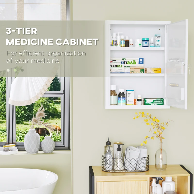 kleankin Bathroom Medicine Cabinet with Shelves Inside & On Door, Locking Medical Cabinet, First Aid Bathroom Wall Cabinet White