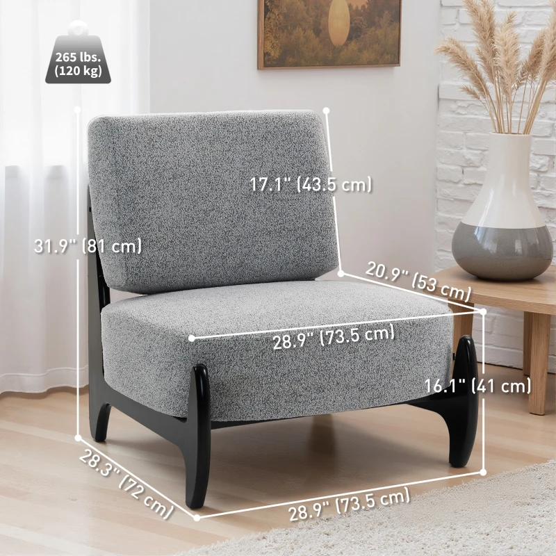 HOMCOM Accent Chair with Rubber Wood Frame, Wide Seat, Modern Chenille Bedroom Chair with Thick Cushion, Grey
