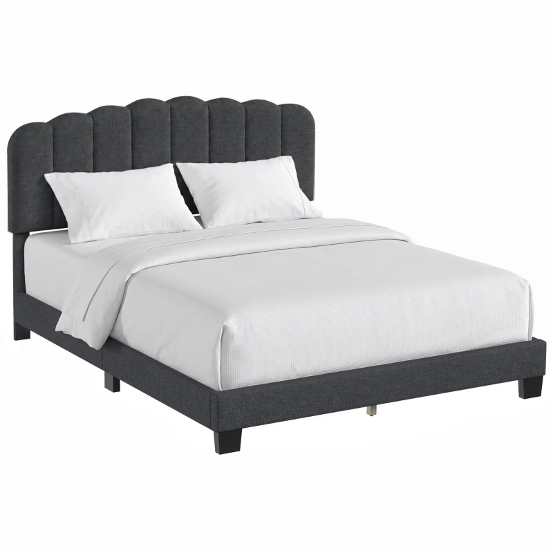 HOMCOM Queen Size Bed Frame with Adjustable Headboard, Linen-Feel Upholstered Platform Bed Frame with 12 Slat Support Dark Grey