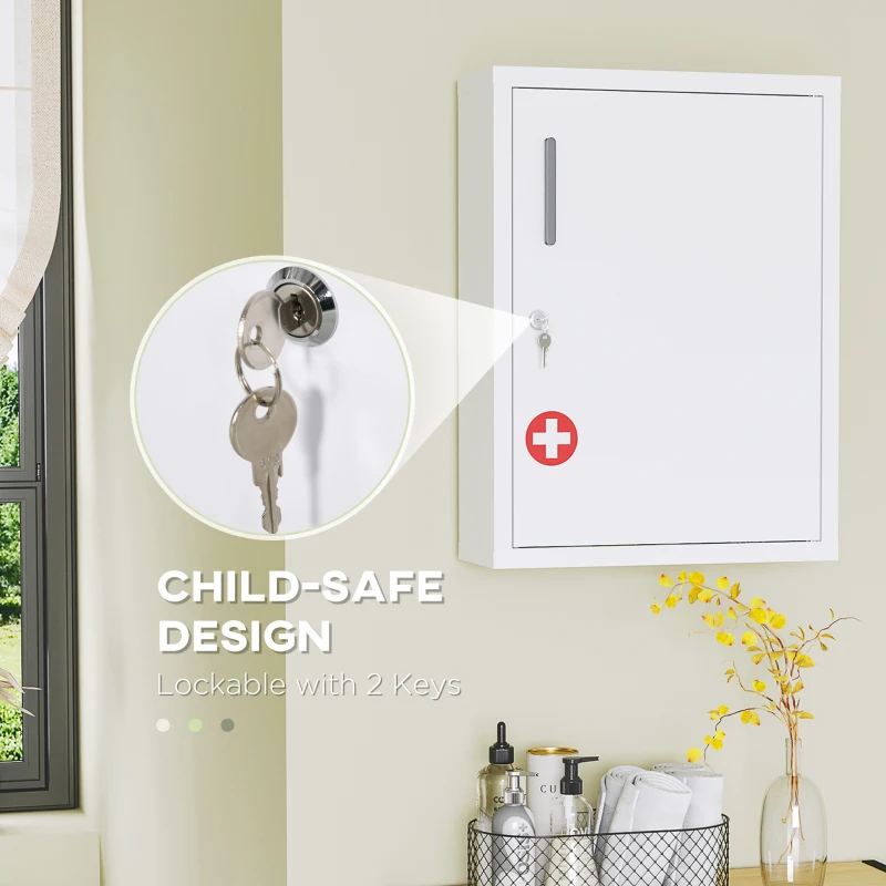 kleankin Bathroom Medicine Cabinet with Shelves Inside & On Door, Locking Medical Cabinet, First Aid Bathroom Wall Cabinet White