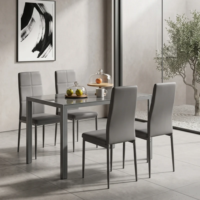 HOMCOM 5-Piece Rectangular Glass Kitchen Table and Chairs with Metal Frame and Faux Leather Upholstery for Dining Room, Grey