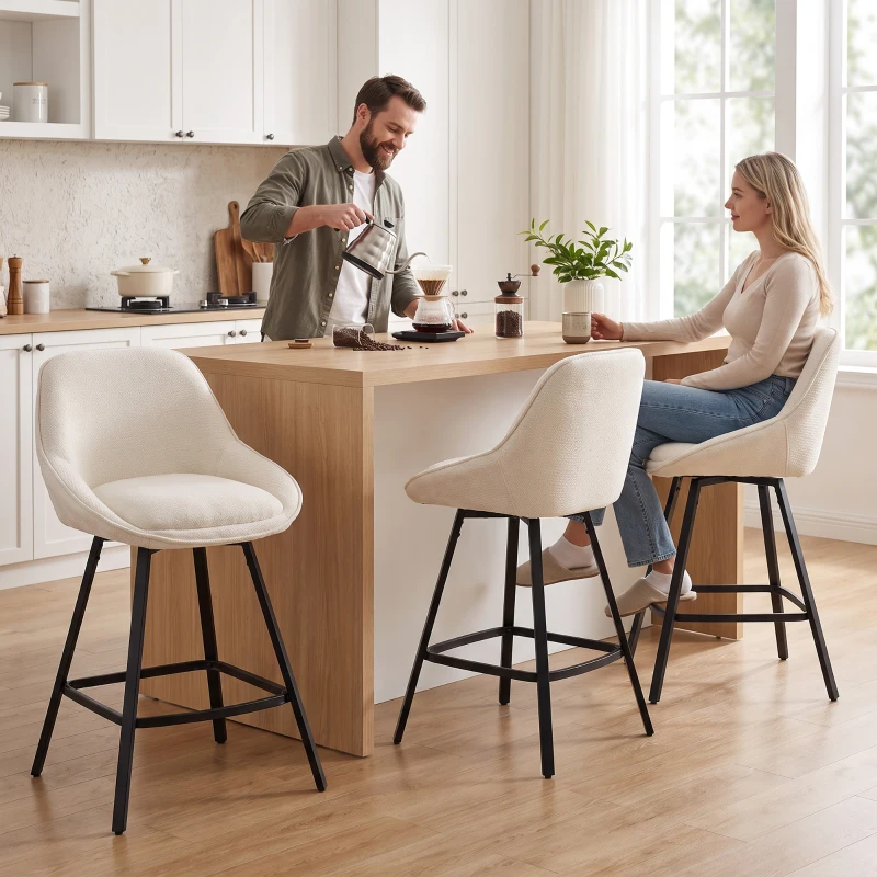 HOMCOM Bar Stools Modern Chenille 360° Swivel Barstools Counter Height Backrest Footrest Set 3, Cream White