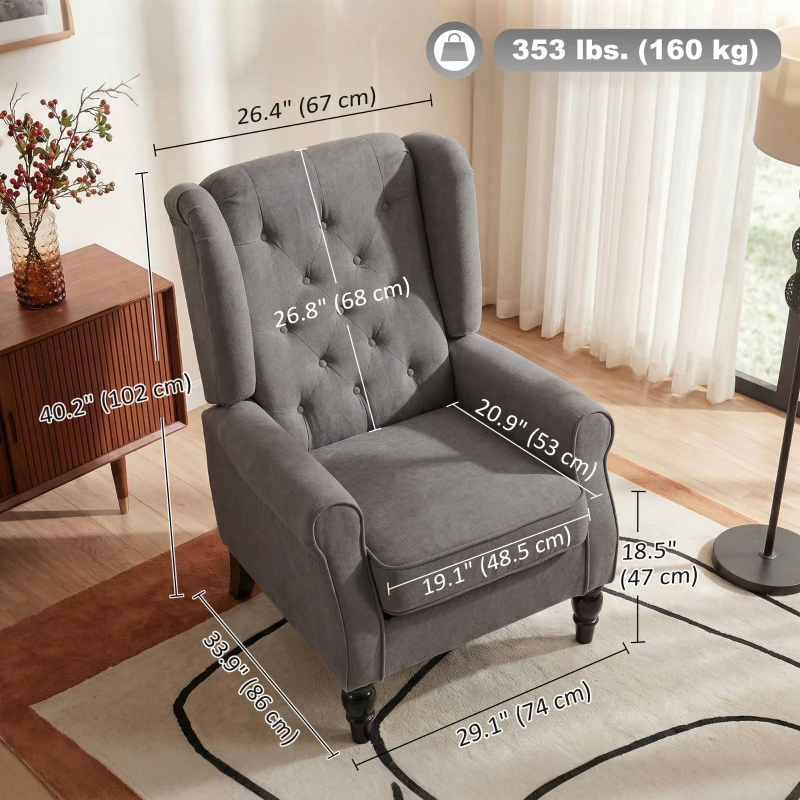 HOMCOM Fabric Accent Chair, Button Tufted Armchair, Armchair with Wood Legs, Thick Padding for Bedroom, Charcoal Grey