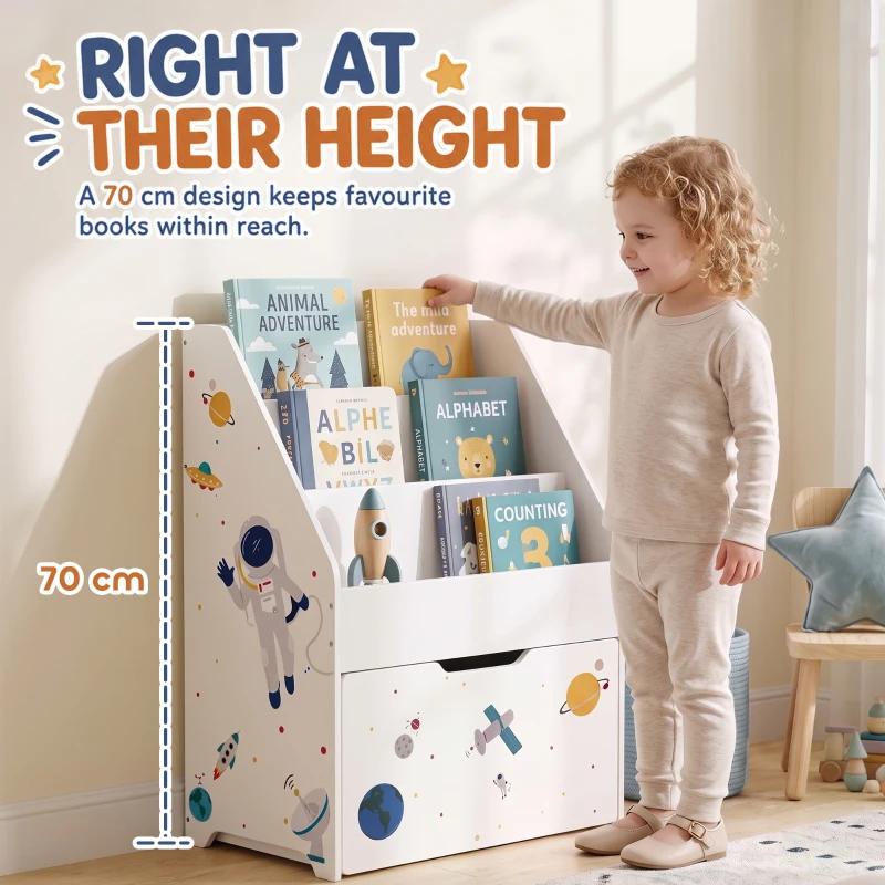 Qaba Montessori Kids Bookshelf with Moveable Drawer, 3-Tier Bookshelf for Kids Room, Nursery, Playroom, Ages 3-8 Years, White