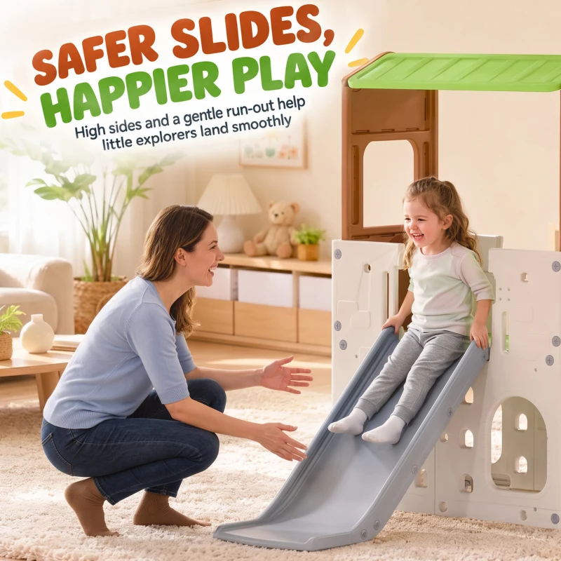 Qaba 8 in 1 Toddler Slide Set with Balance Bridge, Playhouse, Climber, Storage, Indoor Playset Playground for 3-6 Years
