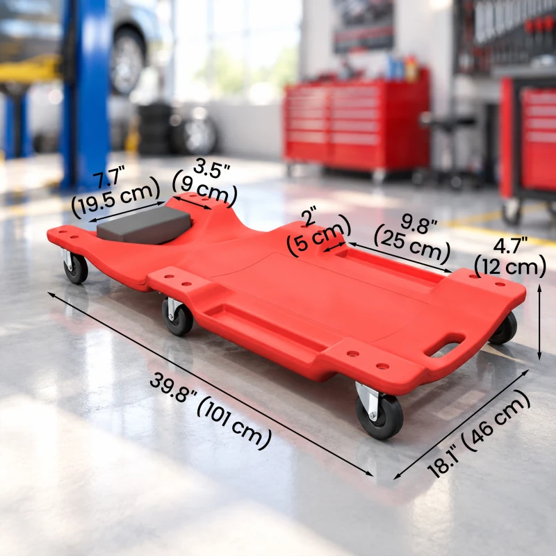 HOMCOM 40" Mechanic Creeper, 330 LBS Capacity, Low Profile, Padded Headrest, 2 Tool Trays, 6 Casters for Auto Repair, Red