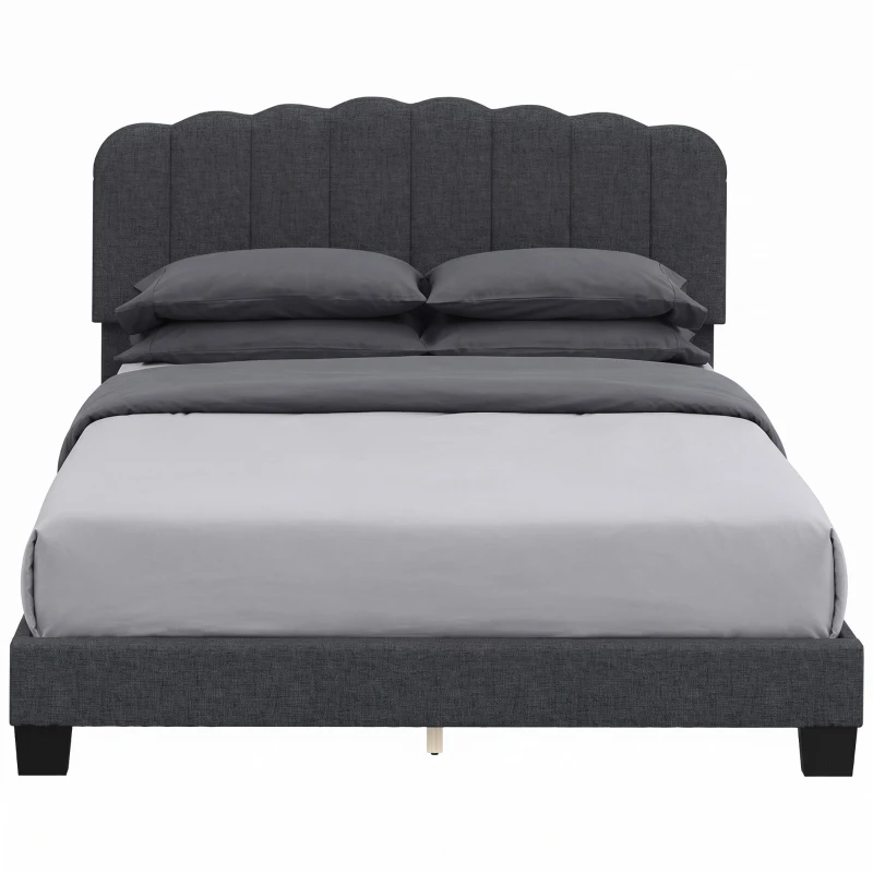 HOMCOM Queen Size Bed Frame with Adjustable Headboard, Linen-Feel Upholstered Platform Bed Frame with 12 Slat Support Dark Grey