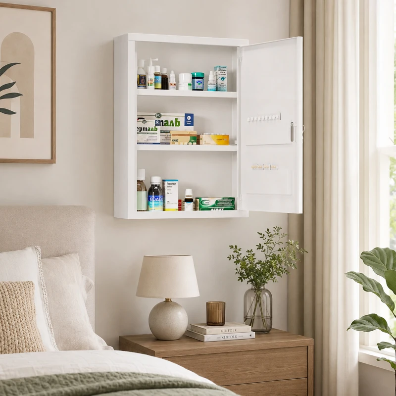 kleankin Bathroom Medicine Cabinet with Shelves Inside & On Door, Locking Medical Cabinet, First Aid Bathroom Wall Cabinet White