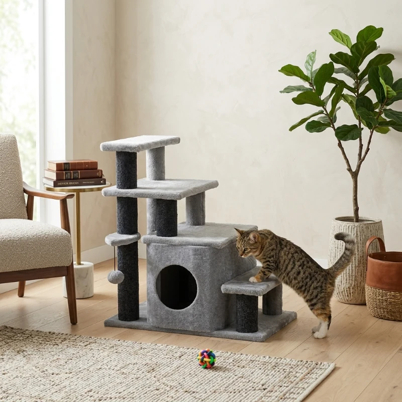 PawHut Adjustable Height 3 Step/4 Step Cat Stairs with Cat Scratching Post, Cat Condo, Toy Ball, for Bed, Sofa, Couch, Gray