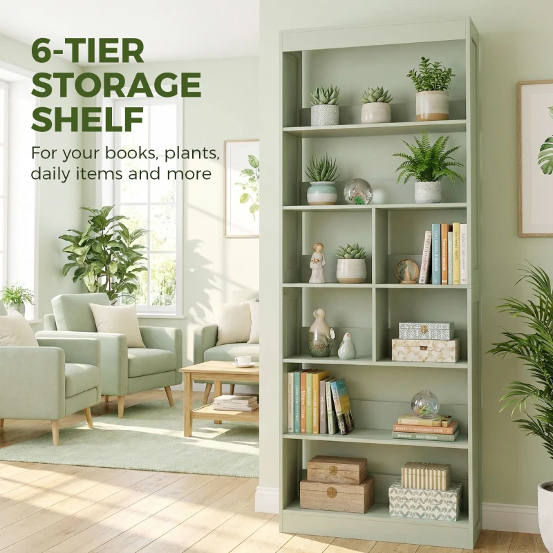 HOMCOM Bookshelf, 6-Tier Bookcase with Storage Shelves, Space Saving Display Shelf for Study Living Room Bedroom Green