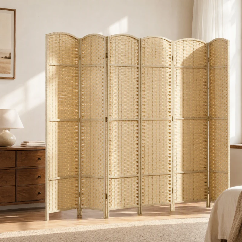 HOMCOM Folding Room Divider Screen 6 Panel 5.6' Tall Privacy Screen Freestanding Room Partition for Home Office, Beige