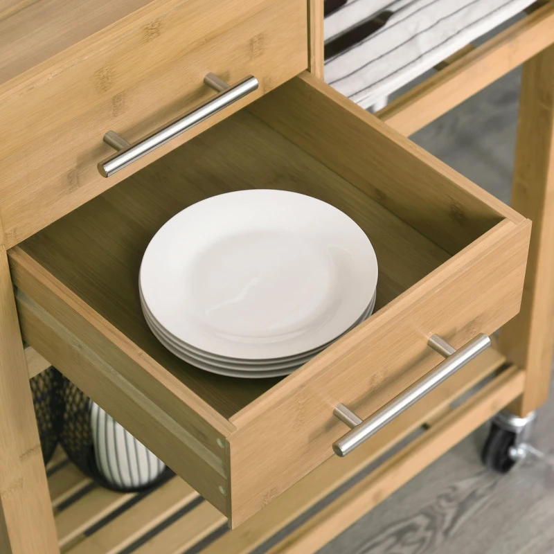 HOMCOM Bamboo Rolling Kitchen Island Trolley with Drawers & Shelves