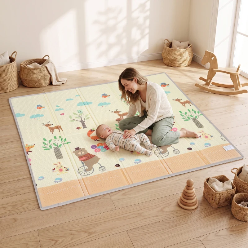Qaba Foldable & Reversible Baby Play Mat, 79" x 71"Thick Play Mat for Floor, Waterproof Non-Slip, Forest Animals