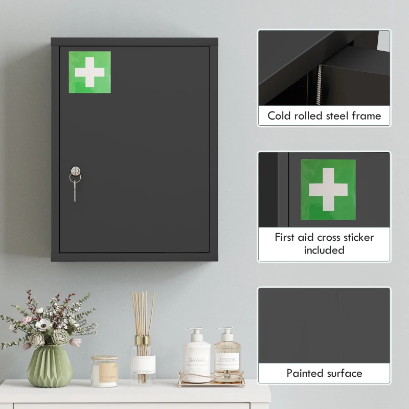 kleankin 16" x 21" Lockable Medicine Cabinet, 3 Tier Steel Medical Wall Box with 2 Keys and Shelves for Bathroom, Black