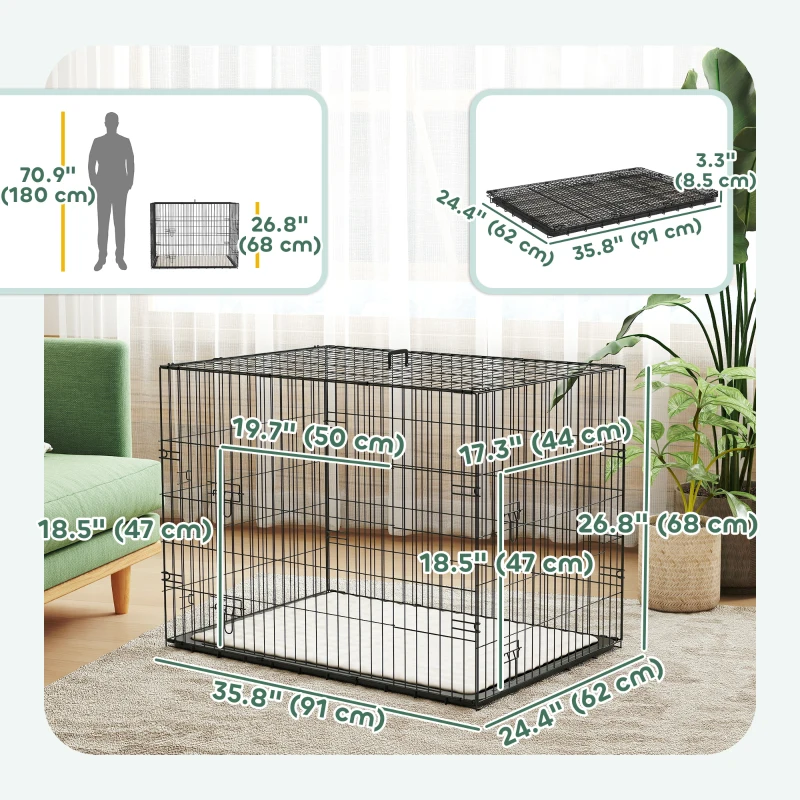 PawHut 35" Dog Crate with 2 Doors, Folding Metal Dog Cage with Soft Cushion, Removable Tray, Handle, Black