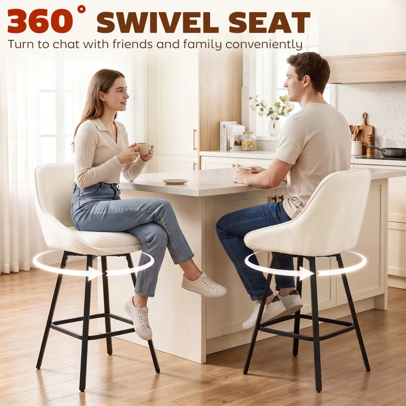 HOMCOM Bar Stools Modern Chenille 360° Swivel Barstools Counter Height Backrest Footrest Set 3, Cream White