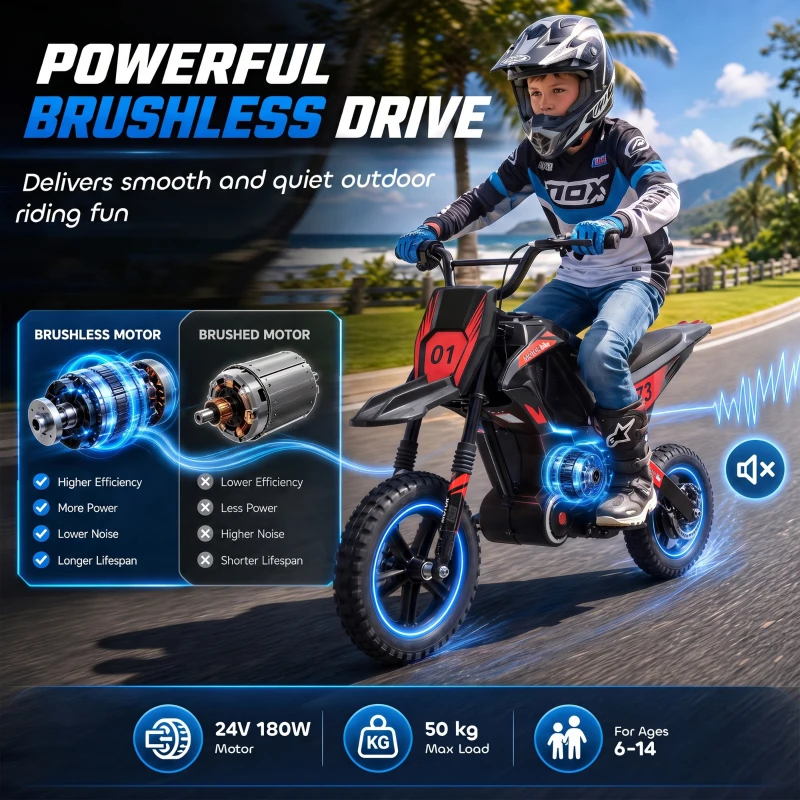 Qaba 24V Kids Electric Motorcycle with 180W Brushless Motor, Suspension, Soft Start, 12" Rubber Tires for 6+ Years, Black