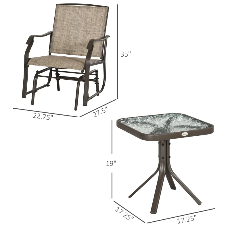 Outsunny 3 Piece Outdoor Glider Chair with Coffee Table Bistro Set, 2 Patio Rocking Swing Chairs with Breathable Sling Fabric