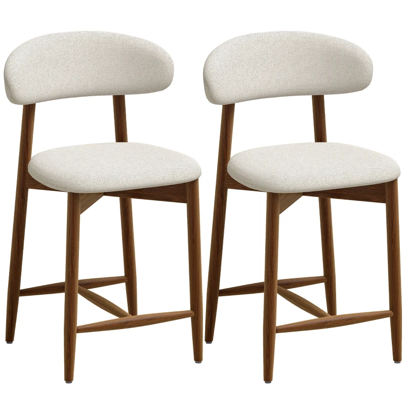 HOMCOM Bar Stools Mid-Century Curved Back Counter Height Stools Set of 2, Cream White