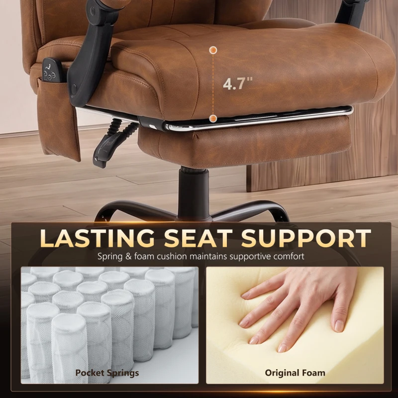 HOMCOM Massage Office Chair Vibration Computer Chair Heated Reclining PU Leather Footrest Height Adjustable Brown