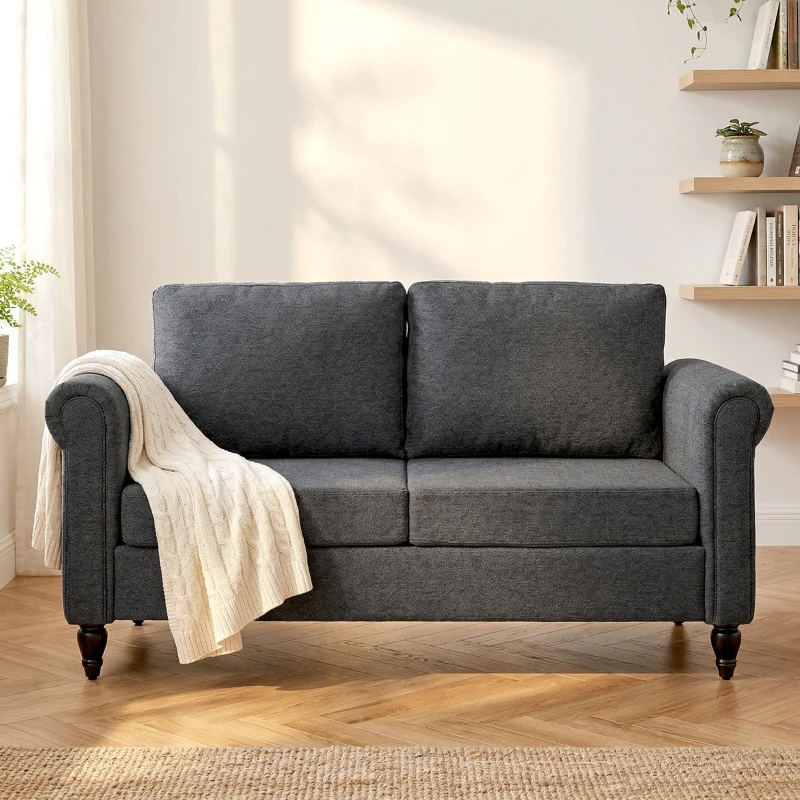 HOMCOM Vintage Loveseat, Chenille-feel Fabric 2 Seater Sofa Couch with Rolled Arms & Gourd-Shaped Rubber Wood Legs for Living Room, Dark Grey