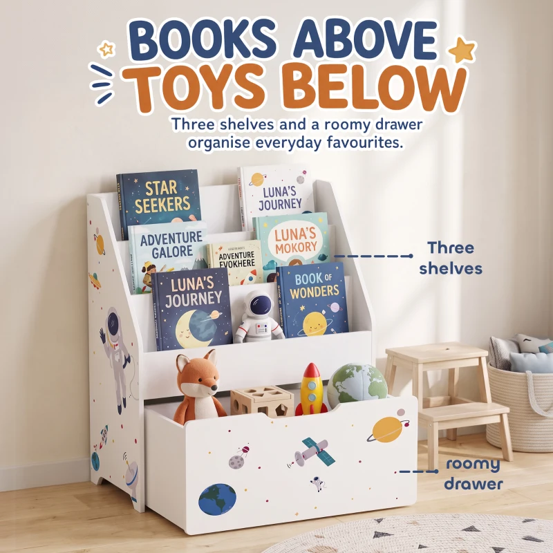 Qaba Montessori Kids Bookshelf with Moveable Drawer, 3-Tier Bookshelf for Kids Room, Nursery, Playroom, Ages 3-8 Years, White