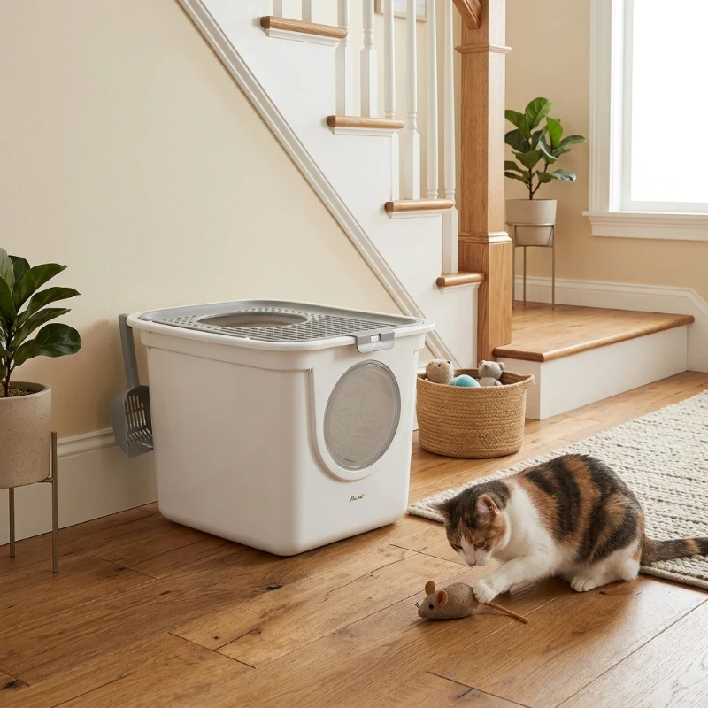 PawHut Covered Cat Litter Box, Easy Cleaning Kitty Litter Box with Front Entrance, Top Exit, Scoop, for Odor Control, White