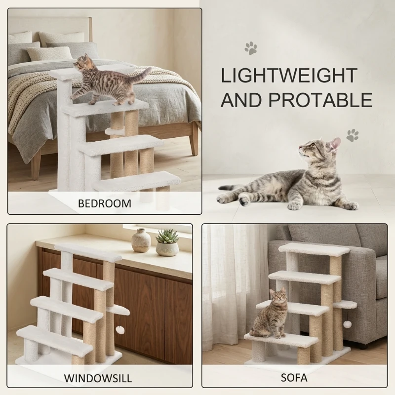 PawHut Cat Stairs, 4-Step Flannel-Covered Design with Jute Scratching Posts for Bed and Sofa Access, White