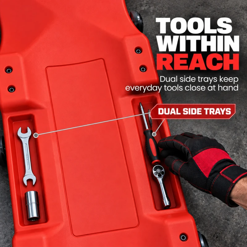 HOMCOM 40" Mechanic Creeper, 330 LBS Capacity, Low Profile, Padded Headrest, 2 Tool Trays, 6 Casters for Auto Repair, Red