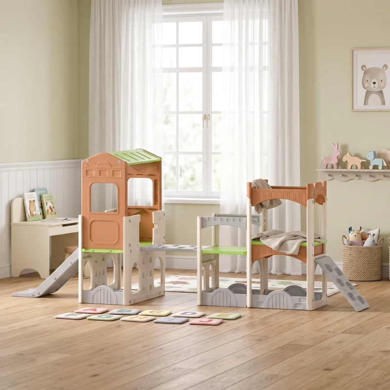 Qaba 8 in 1 Toddler Slide Set with Balance Bridge, Playhouse, Climber, Storage, Indoor Playset Playground for 3-6 Years