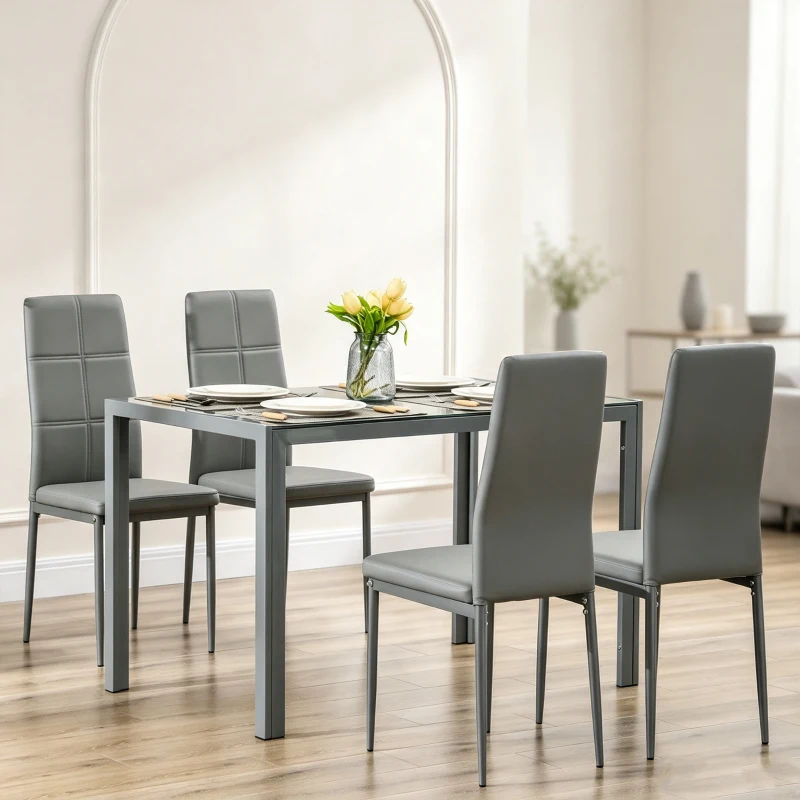 HOMCOM 5-Piece Rectangular Glass Kitchen Table and Chairs with Metal Frame and Faux Leather Upholstery for Dining Room, Grey