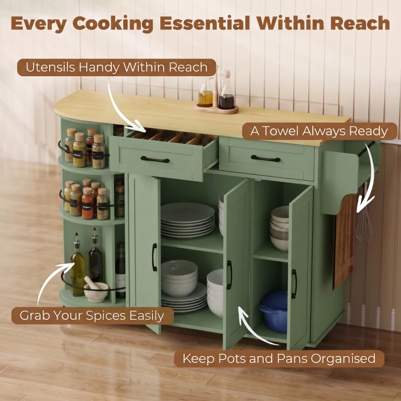 HOMCOM 53" Kitchen Island with Power Outlet and Drop Leaf, Kitchen Cart on Wheels with 360° Rotating Rack, Sage Green