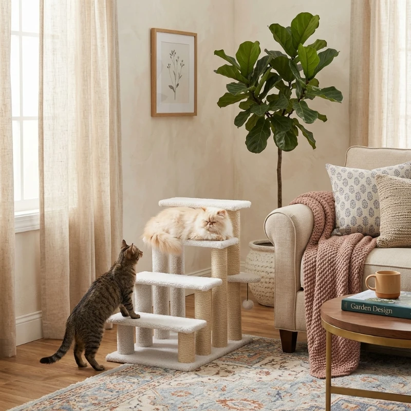 PawHut Cat Stairs, 4-Step Flannel-Covered Design with Jute Scratching Posts for Bed and Sofa Access, White
