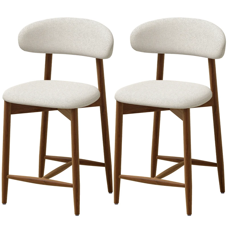 HOMCOM Bar Stools Mid-Century Curved Back Counter Height Stools Set of 2, Cream White