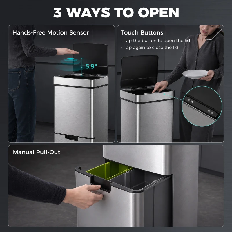 HOMCOM Kitchen Bin 3 Compartments Motion Sensor Trash Can Infrared Lid Stainless Steel 19 Gal Silver