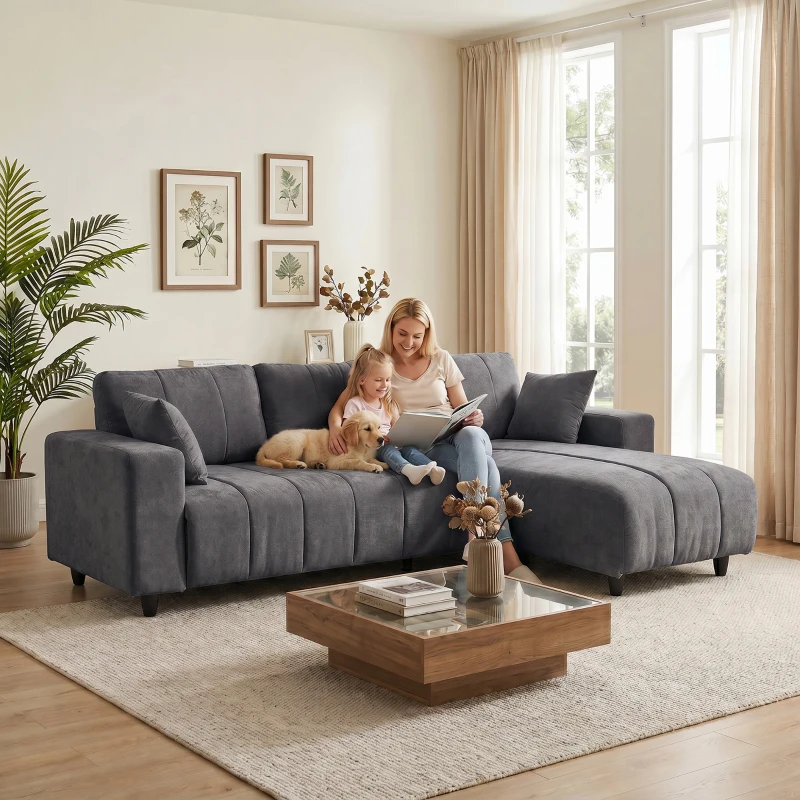 HOMCOM Sectional Couch with Integrated Seat, 4 Seater L-Shaped Sofa with Changeable Chaise, Spring Cushion, Charcoal Grey