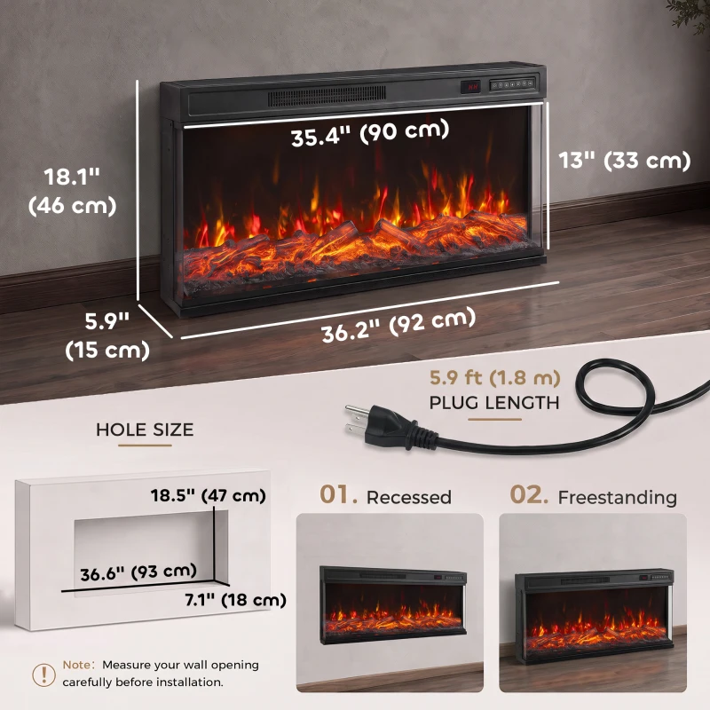 HOMCOM 36" Electric Fireplace Insert, Wall Recessed, Freestanding 1500W 3-Sided Linear Fireplace Heater with Adjustable Flame