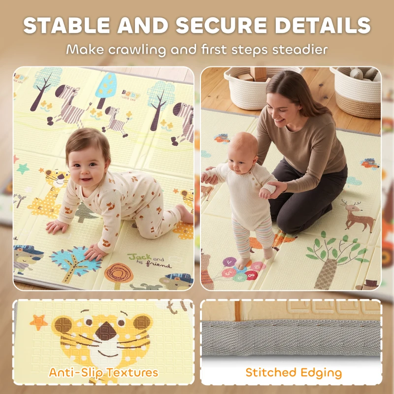 Qaba Foldable & Reversible Baby Play Mat, 79" x 71"Thick Play Mat for Floor, Waterproof Non-Slip, Forest Animals