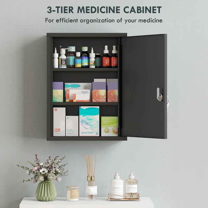 kleankin 16" x 21" Lockable Medicine Cabinet, 3 Tier Steel Medical Wall Box with 2 Keys and Shelves for Bathroom, Black