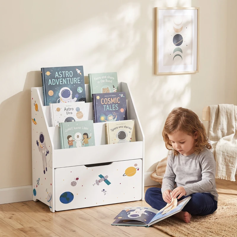 Qaba Montessori Kids Bookshelf with Moveable Drawer, 3-Tier Bookshelf for Kids Room, Nursery, Playroom, Ages 3-8 Years, White