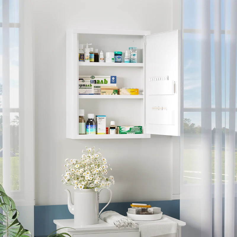 kleankin Bathroom Medicine Cabinet with Shelves Inside & On Door, Locking Medical Cabinet, First Aid Bathroom Wall Cabinet White