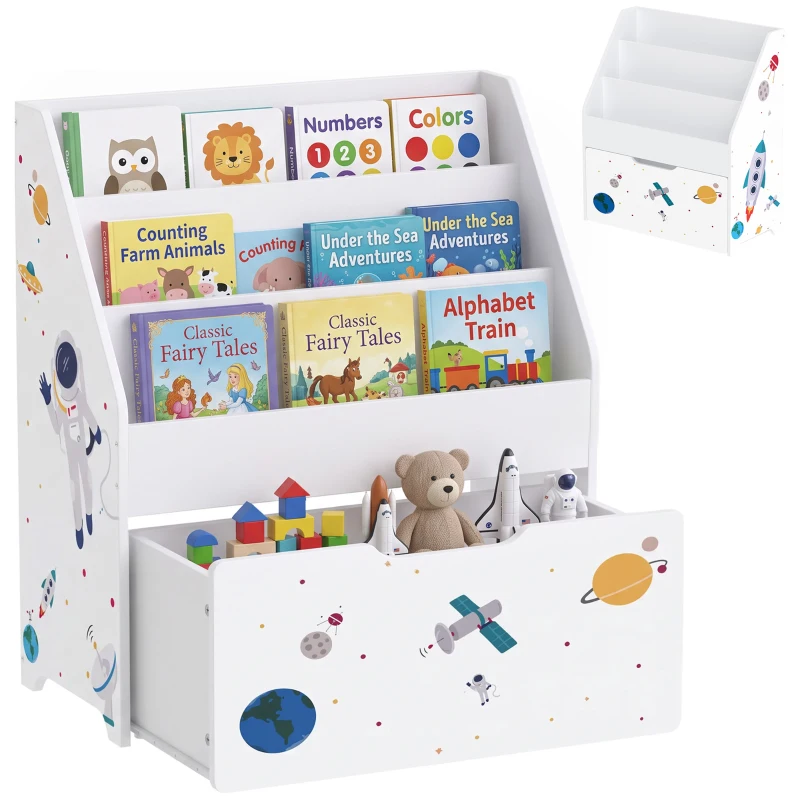 Qaba Montessori Kids Bookshelf with Moveable Drawer, 3-Tier Bookshelf for Kids Room, Nursery, Playroom, Ages 3-8 Years, White