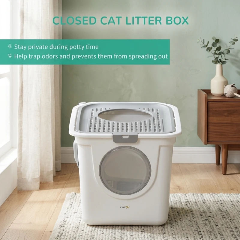 PawHut Covered Cat Litter Box, Easy Cleaning Kitty Litter Box with Front Entrance, Top Exit, Scoop, for Odor Control, White