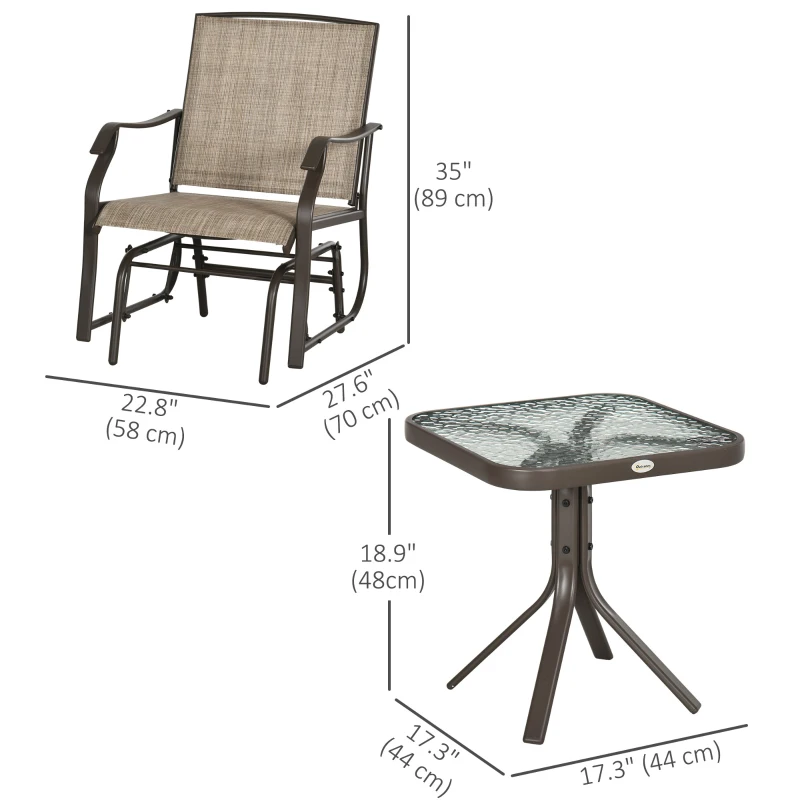 Outsunny 3 Piece Patio Glider Set Outdoor Gliders with Breathable Mesh Seat, Glass Top Table for Garden, Yard, Mixed Brown