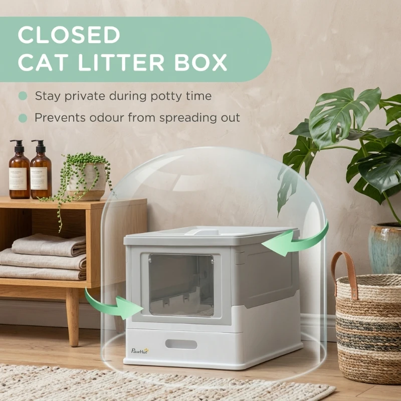 PawHut Fully Enclosed Cat Litter Box with Front Entry and Top Exit, Plastic, Gray & White